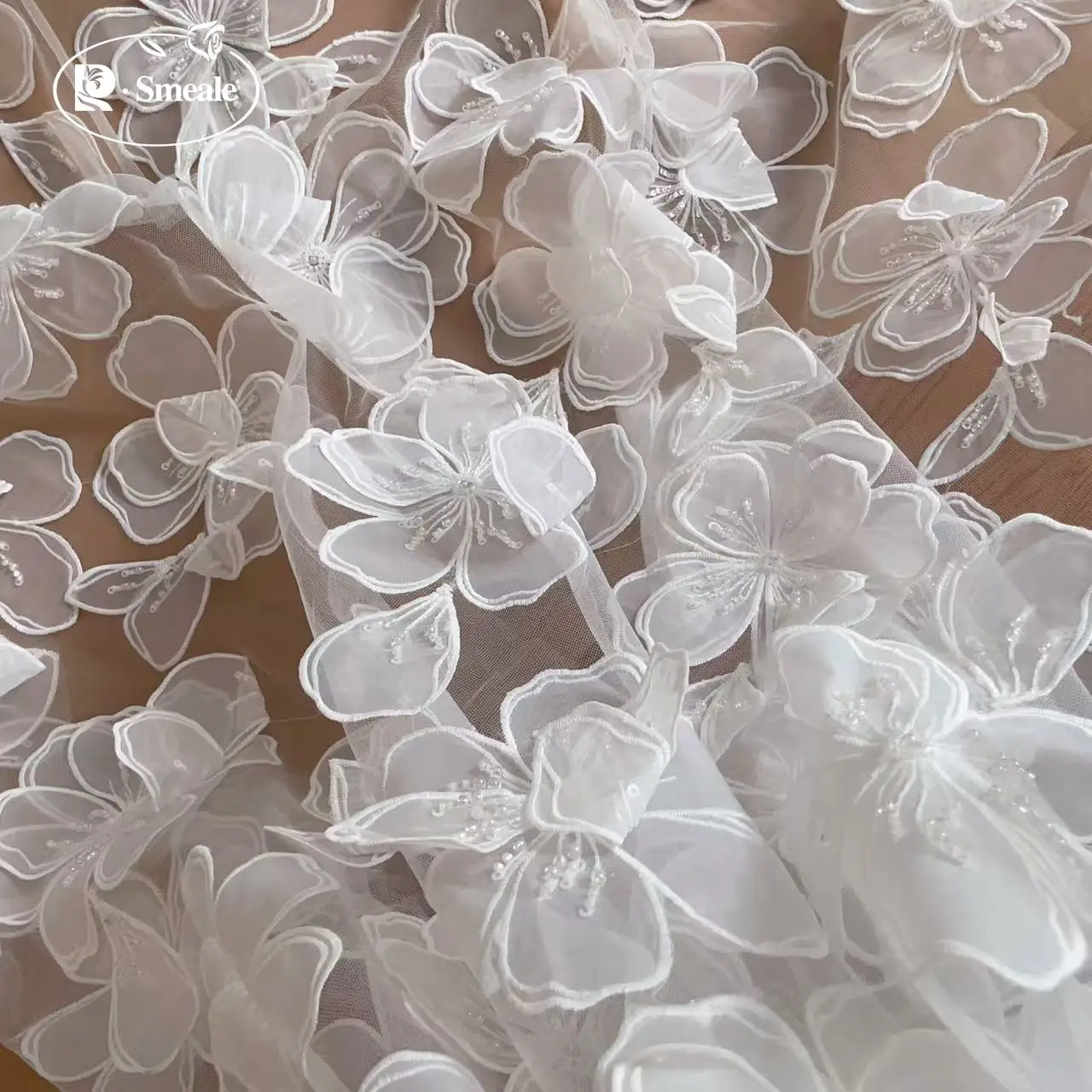 NEU Große Blumen Perlen Pailletten Hochzeitskleid Spitzenstoff.3D bestickte Applikation Schöner Brautstoff – Detail 5