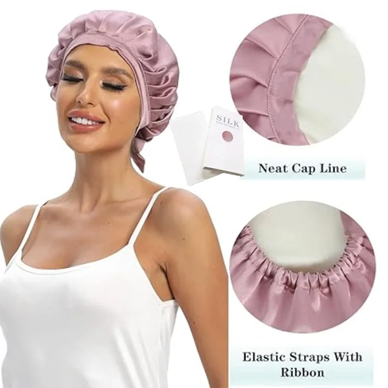 

100% Mulberry Silk Bonnet Sleep Cap with Adjustable Ribbon 19 Momme Silky Bonnet for Sleeping шапка женская 비니 , 모자 beanie