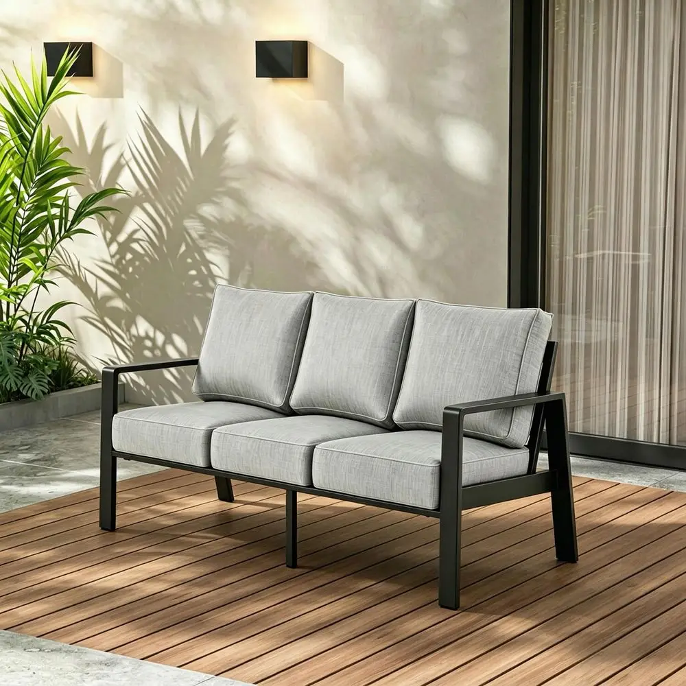 

Couch 3Seat AllWeather Metal Outdoor Sofa, Oversized Patio Couch, Aluminum Patio Sofa with 5 Cushions Black Light Grey