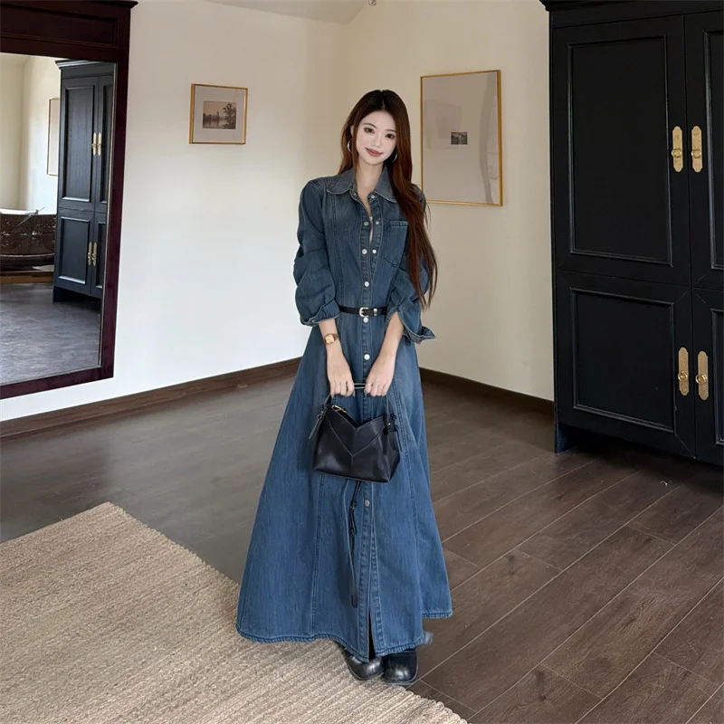 Retro Loose Collar Denim Shirt Dress Long Sleeve High Waist Wide Leg Cotton Polyester Blend Casual Work Citywalk Skirt