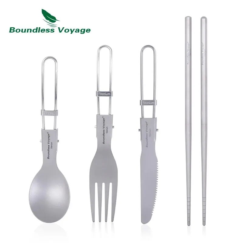 Zestaw sztućców Boundless Voyage Titanium Utility 3/4-częściowy nóż, łyżka, widelec, pałeczki Przenośna składana zastawa stołowa do domu