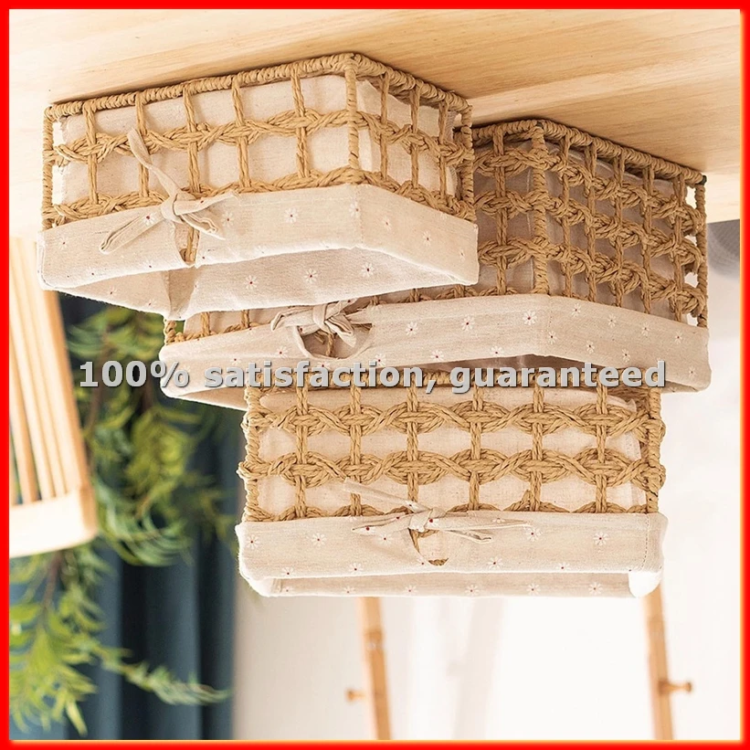 Wicker Storage Basket Hand-Woven Paper Rope Decorative Rectangular Wicker Basket Cube Storage Box B-ABAM