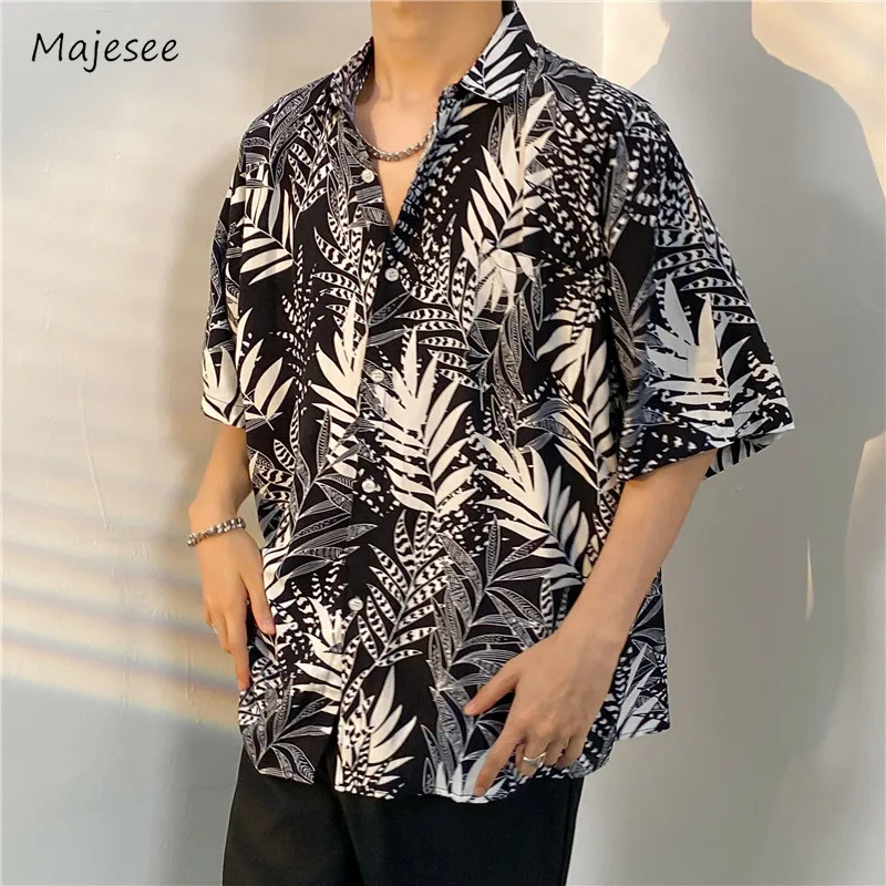 

Harajuku Shirts Men Chic Print Vintage Simple Summer All-match Loose Casual Holiday High Street Males Tops Clothing Couples New