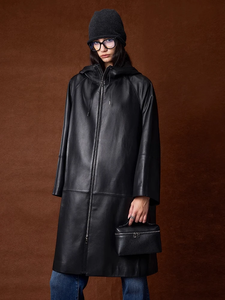 

Casual Black Real Sheepskin Trench Coats for Women Autumn Winter 2026 New High-end Simple Long Hooded Genuine Leather Jacket