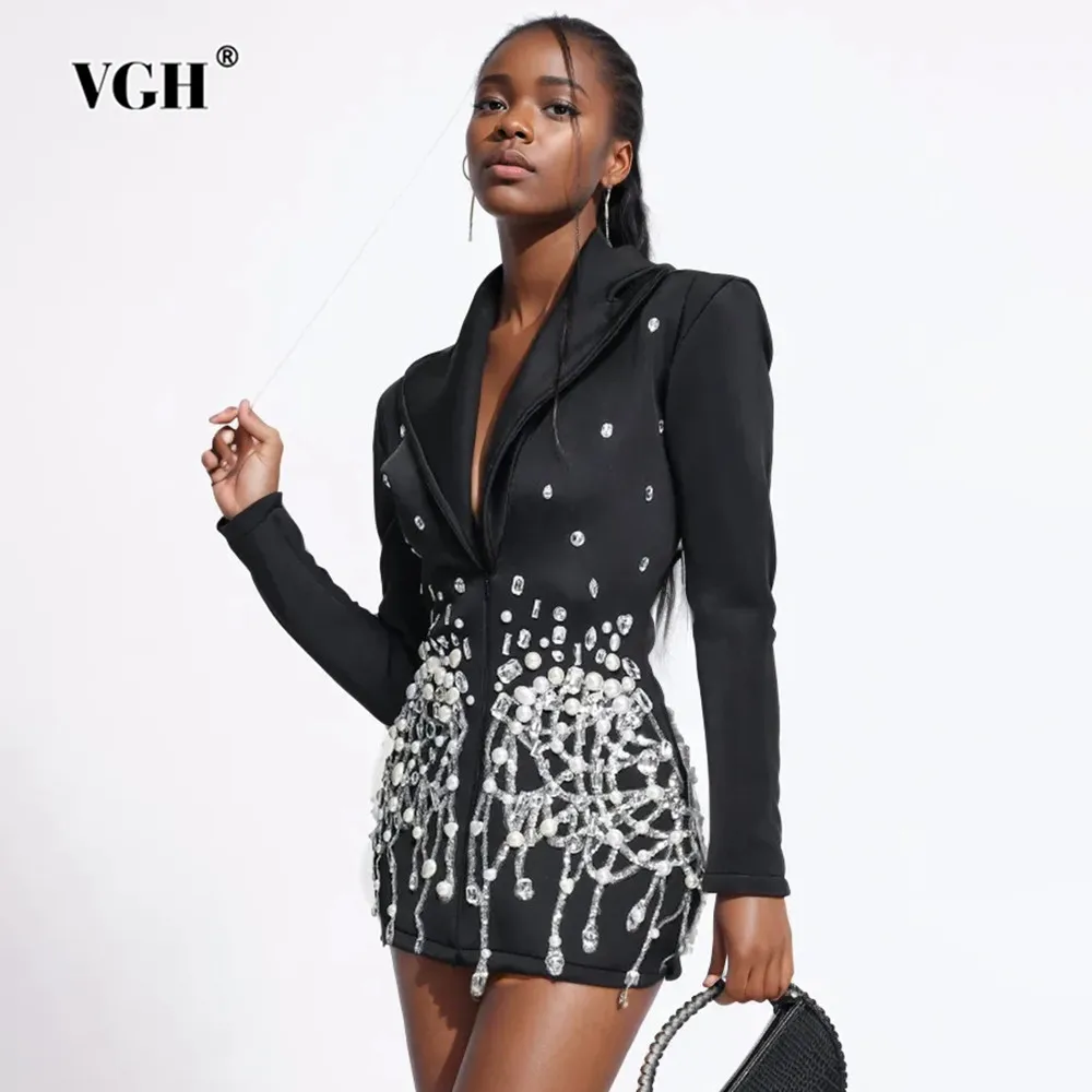 

VGH Solid Patchwork Diamonds Mini Dresses For Women Lapel Long Sleeve High Waist Spliced Sequins Slimming Dress Female Fashion