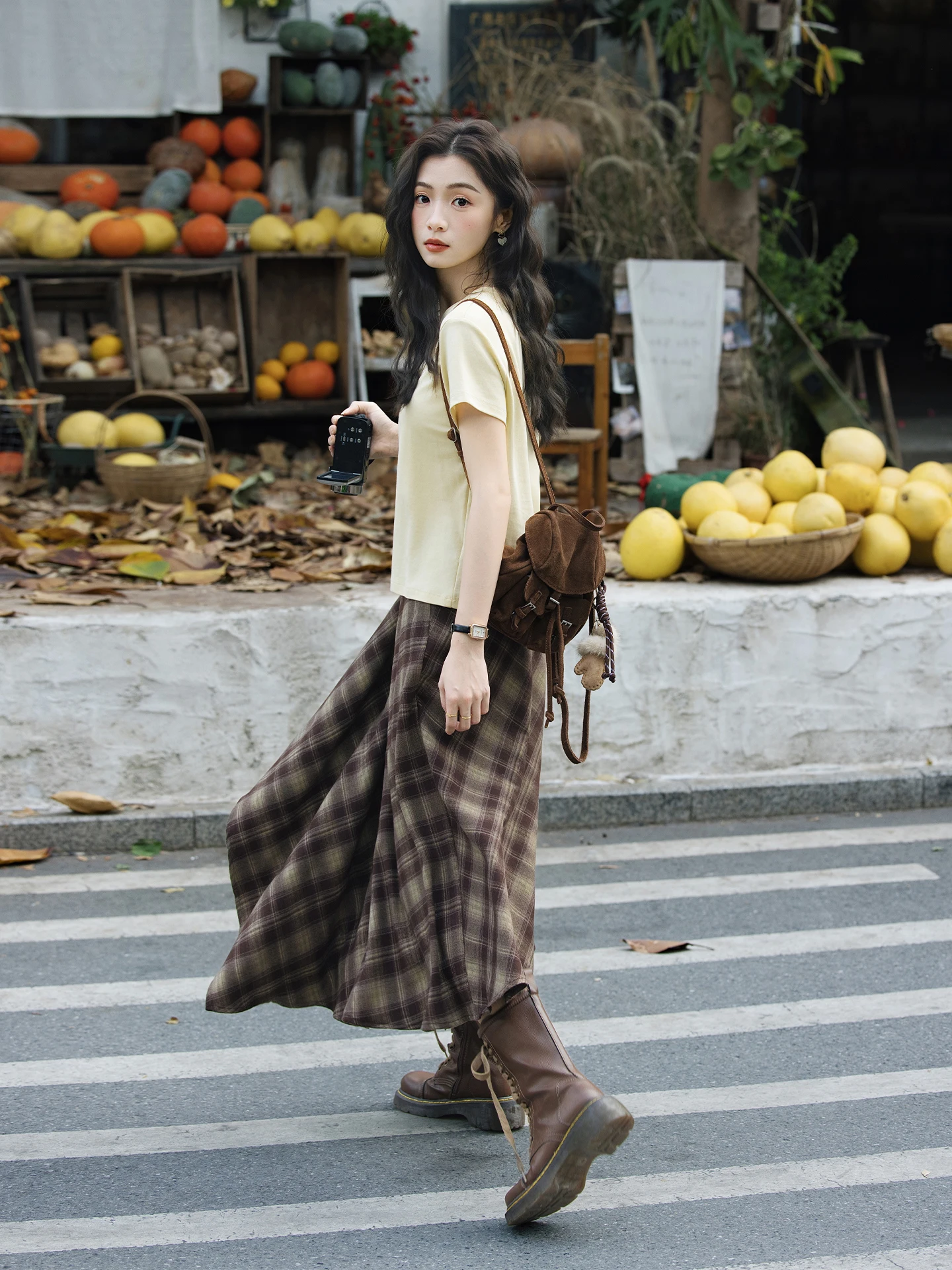 

Юбка с высокой талией и нерегулярным клетчатым узором кофейного цвета для женщин, осенне-зимняя, винтажная, свободного кроя, длинная