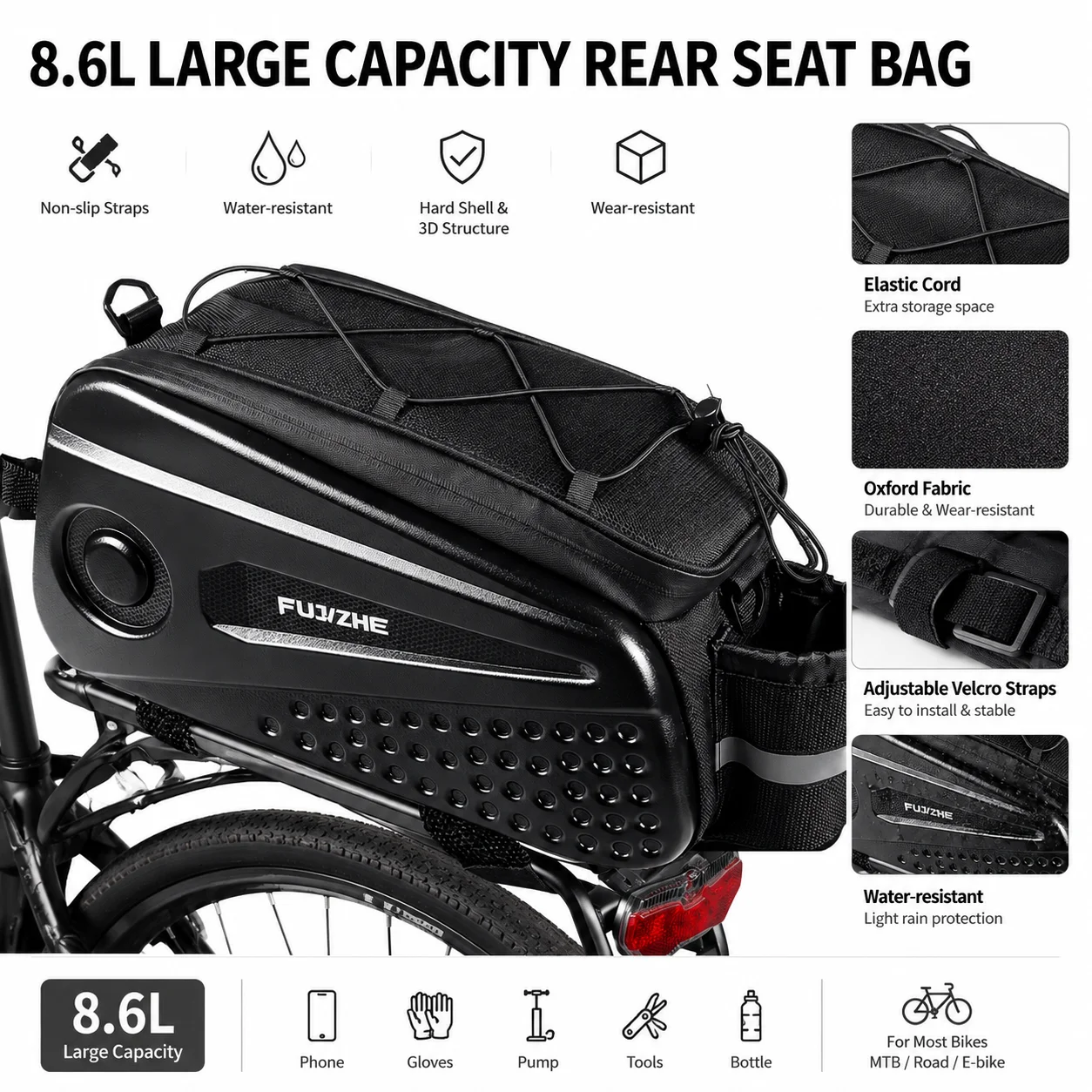 

EVA Hard Shell Bicycle Rear Seat Bag – 8.6L Large Capacity Waterproof Rear Rack Storage Pouch for Cycling