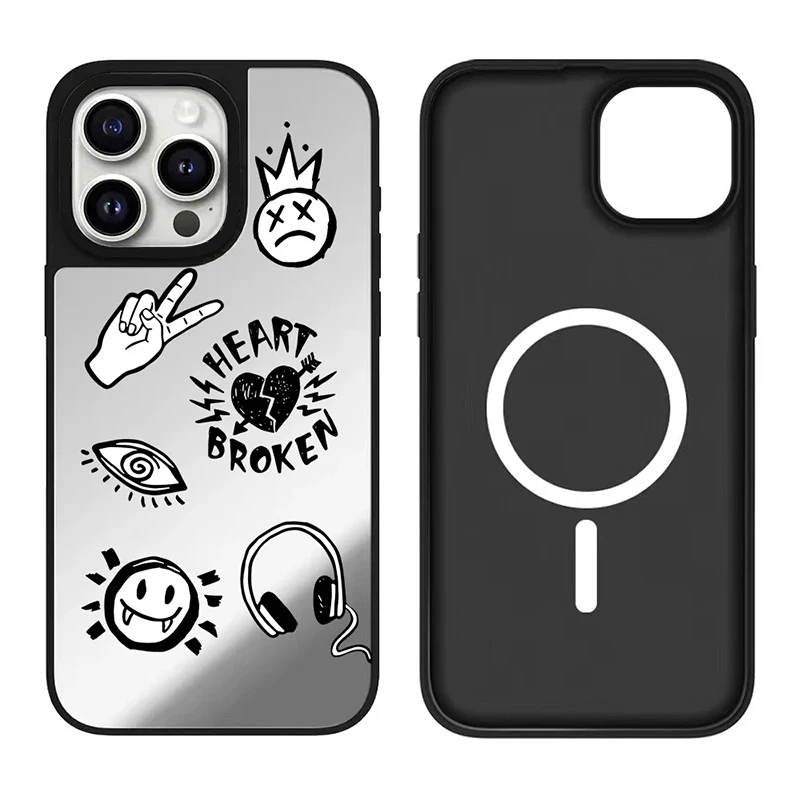 

Black Rose Graffiti iPhone 12 13 14 15 16 Pro Max Mirror Surface MagSafe Case Cover Shell