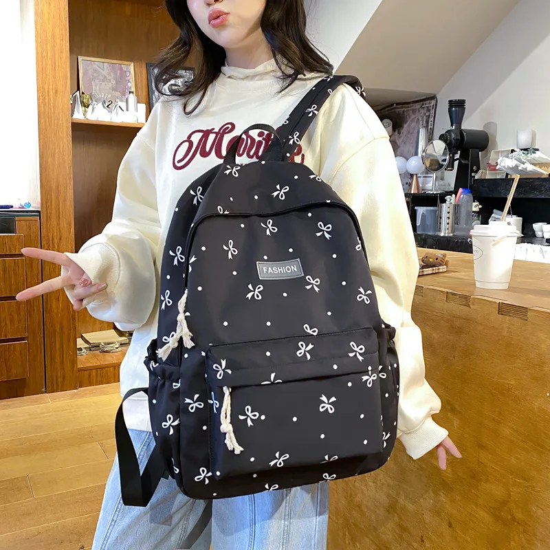 Vintage Bowknot Print Backpack Large Capacity School Bookbag for Middle High School Students Harajuku College Style Travel Bag