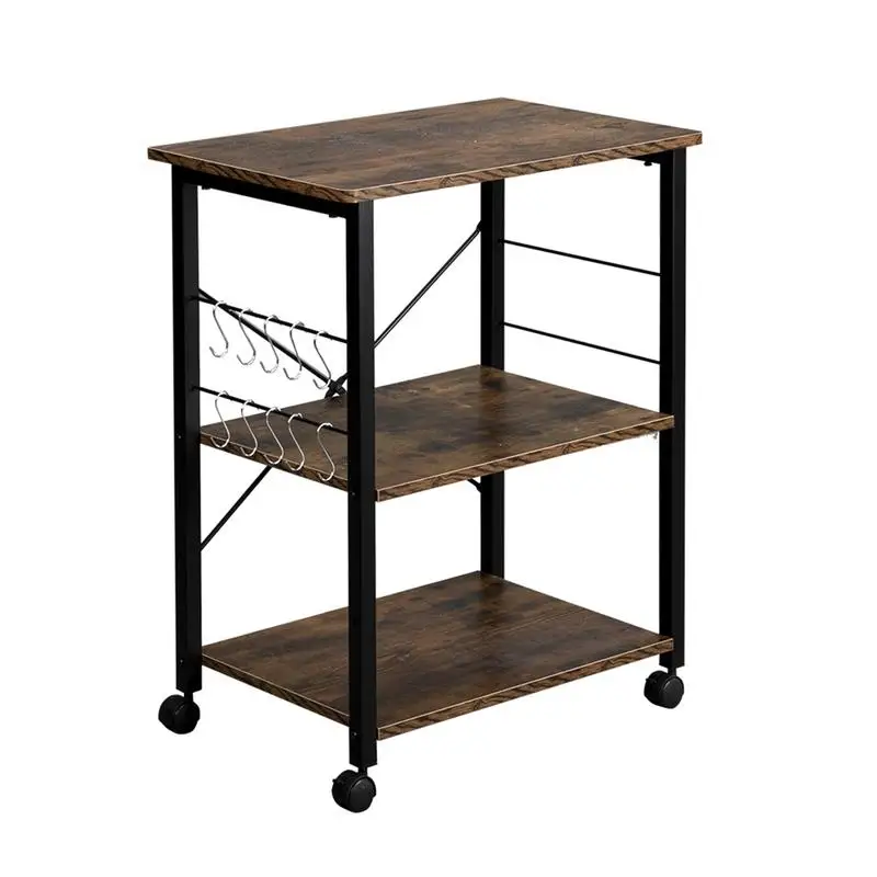 

3-tier Kitchen Microwave Oven Rack with Black Iron Frame + 10 Hooks + 4 Wheels - Retro Color