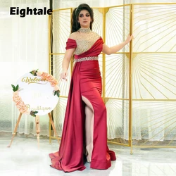 Eightale Dubai Evening Dresses Arabic Mermaid Short Sleeves Sashes Beaded Pearls Prom Gowns Side Slit Wedding Party Dress