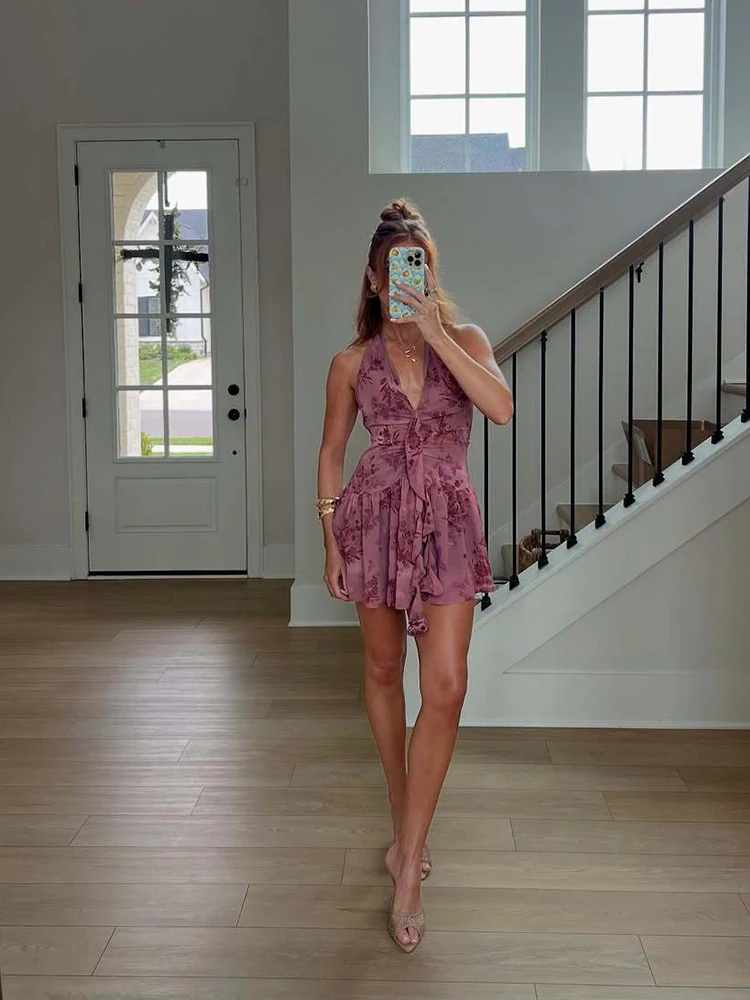 

y2k sexy V-neck irregular backless pleated lotus leaf lace-up halter Dress 2025 Summer New style