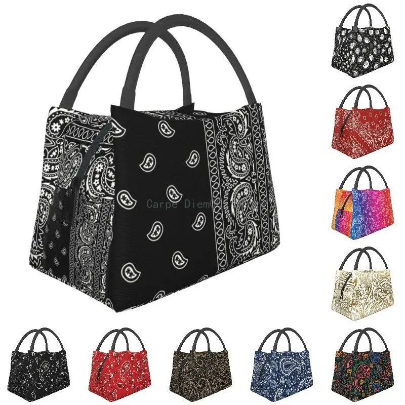 

Black And White Paisley Chicano Bandana Style Thermal Insulated Lunch Bags Women Black And White Portable Lunch Meal Food Box