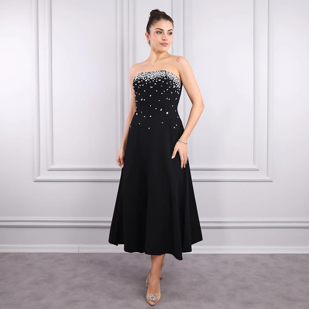 Crystal Prom Dress Strapless Customized Rhinestone A Line Satin Cocktail Party Dresses Saudi Black Evening Gown for Woman