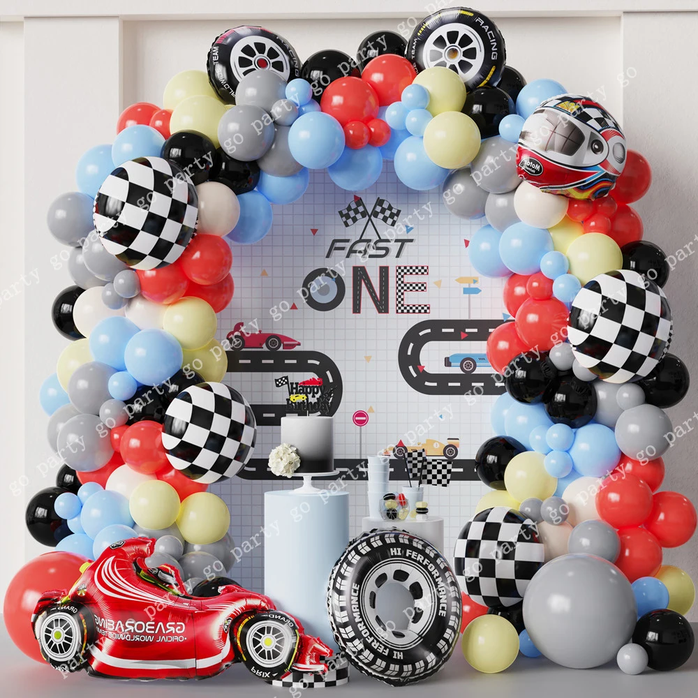 Racing Car Red Black Balloon Garland Arch Kit Boys Birthday Decoration Helmet Tire Checkered Balloons Baby Shower Party Supplies