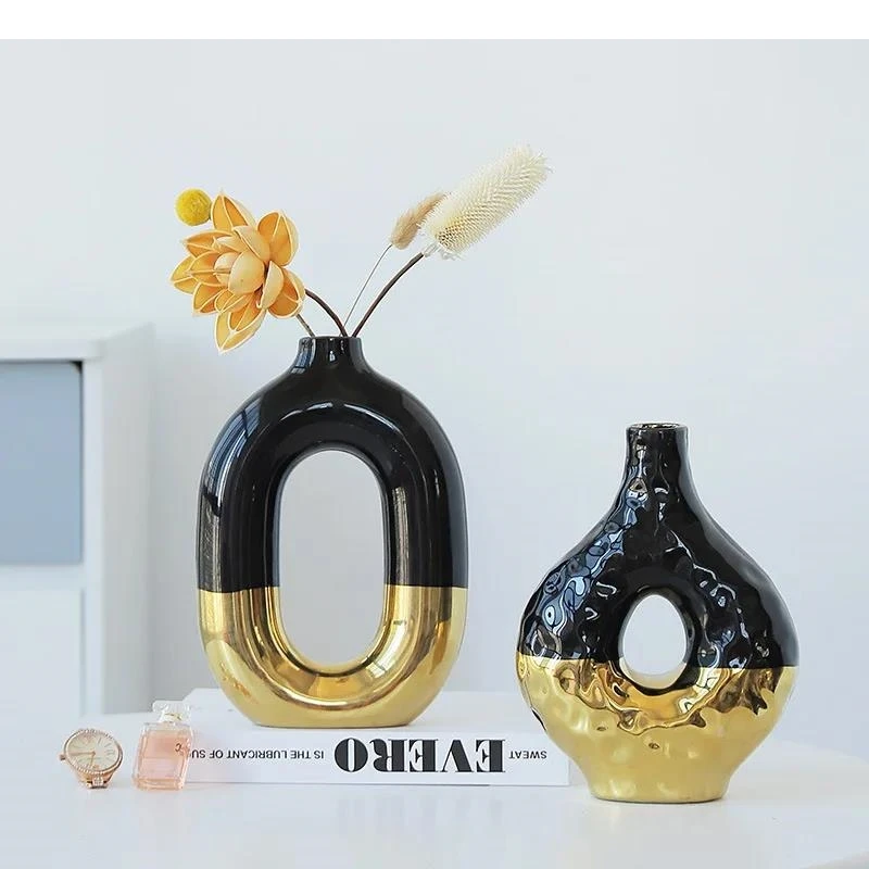 Ceramic Vase Black Gold Splicing Geometric Ellipse Hollow Flower Floral Arrangement Accessories Home Decoration Terrarium