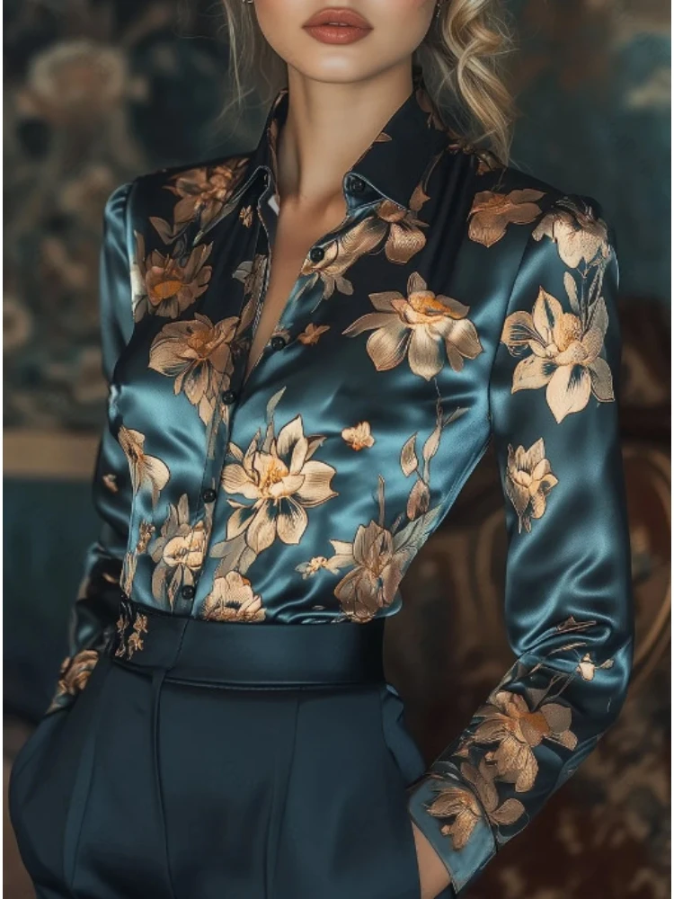 

Flower Print Satin Shirt Fashionable Long Sleeve Turn-down Collar Vintage Shirt Women's Single Breasted Top Spring Autumn