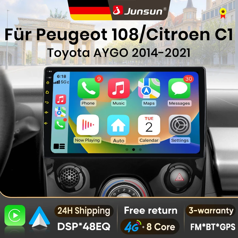 Autoradio Android 15 Junsun pour Peugeot 108 2014-2021, Citroën C1 2020, Toyota Aygo 2015, sans fil pour Apple CarPlay, écran stéréo multimédia, lecteur vidéo, systèmes intelligents automobiles, autoradio 2 Din, GPS, Bluetooth, 4G, WIFI, FM, DSP, DAB+