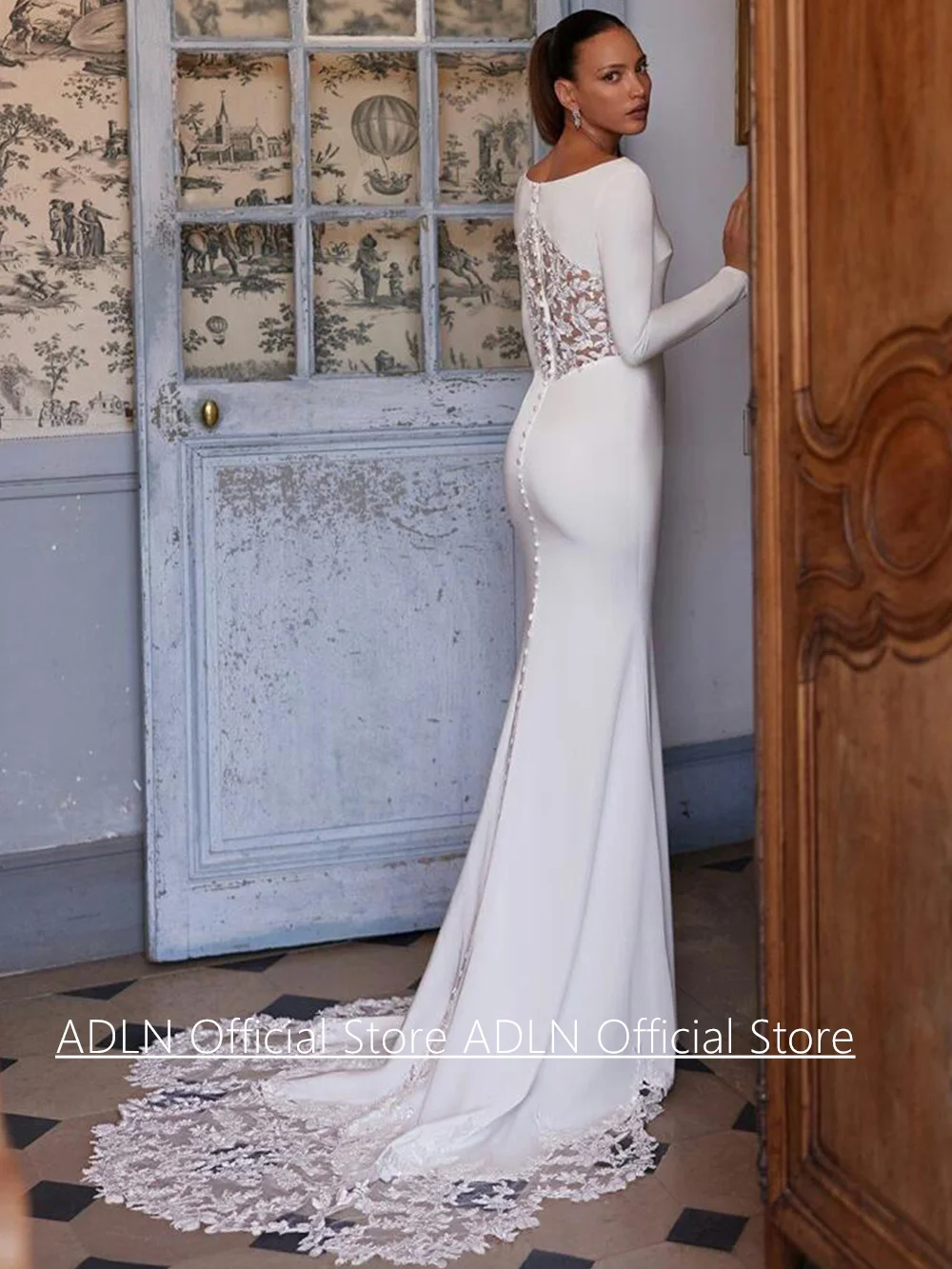 Customized Mermaid Wedding Dress Elegant Scoop Neck Long Sleeves Sequined Applique Sweep Train Woman Bridal Gown for Bride