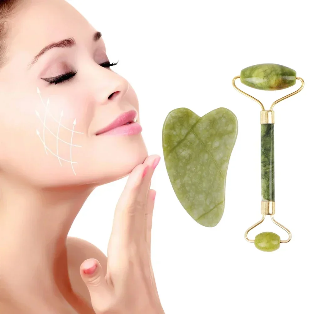 Natural Jade Roller Guasha Skin Scraper Facial Set Stone Firming Face Anti-Aging Puffy Eyes Massager Neck Anti Wrinkle Relaxing