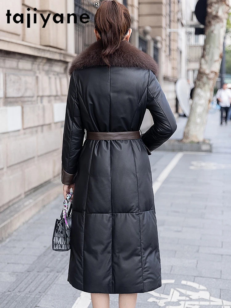 معطف نسائي من TAJIYANE مصنوع من جلد الغنم الحقيقي معطف نسائي ضيق طويل من الجلد الطبيعي معاطف بياقة من فرو الثعلب ملابس نسائية شتوية 2025 #4