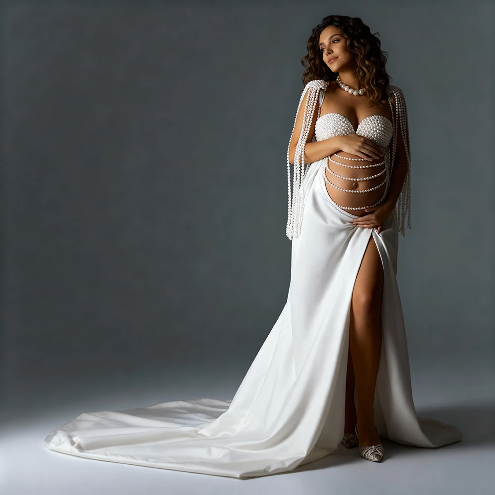 2 Piece Set Pearls Photography and Maternity Dresses Custom Made Baby Shower Dress for Pregnant Women for Photo Shoot Long Dress
