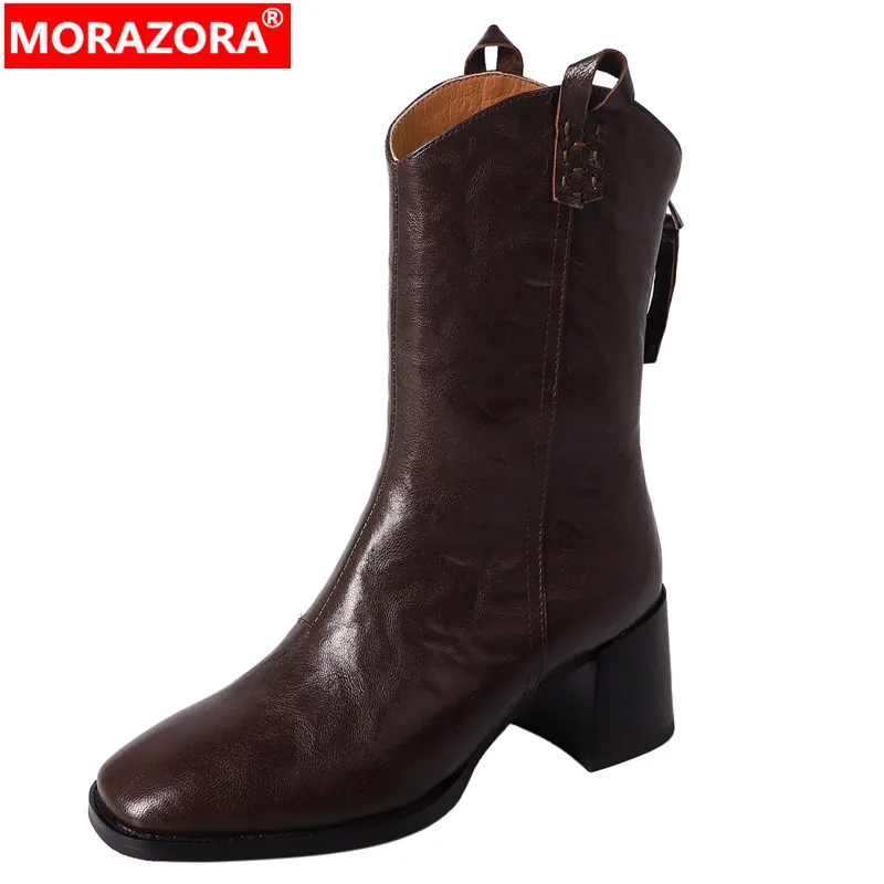 

MORAZORA 2024 New Vintage Ladies Zipper Winter Boots Sheepskin Leather Women Boots Thick High Heels Mid Calf Boots