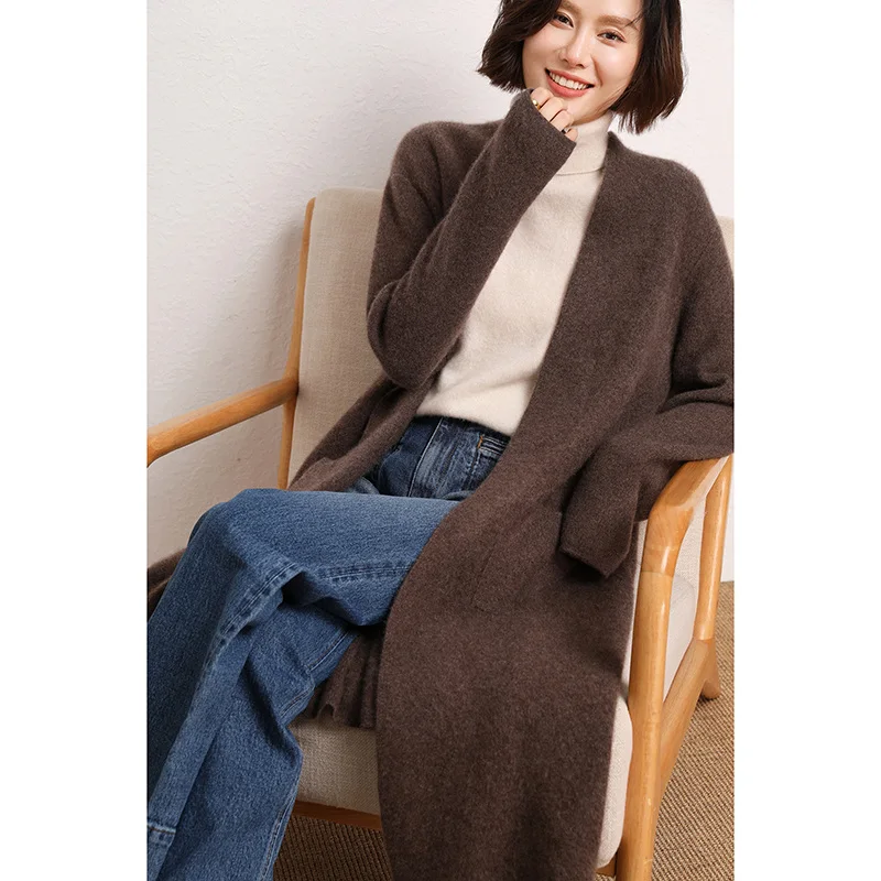 Autumn Winter New Pure Cashmere Long Cardigan Women\'s Thickened Over Knee Sweater with Pocket Coat Loose Versatile Cardigan