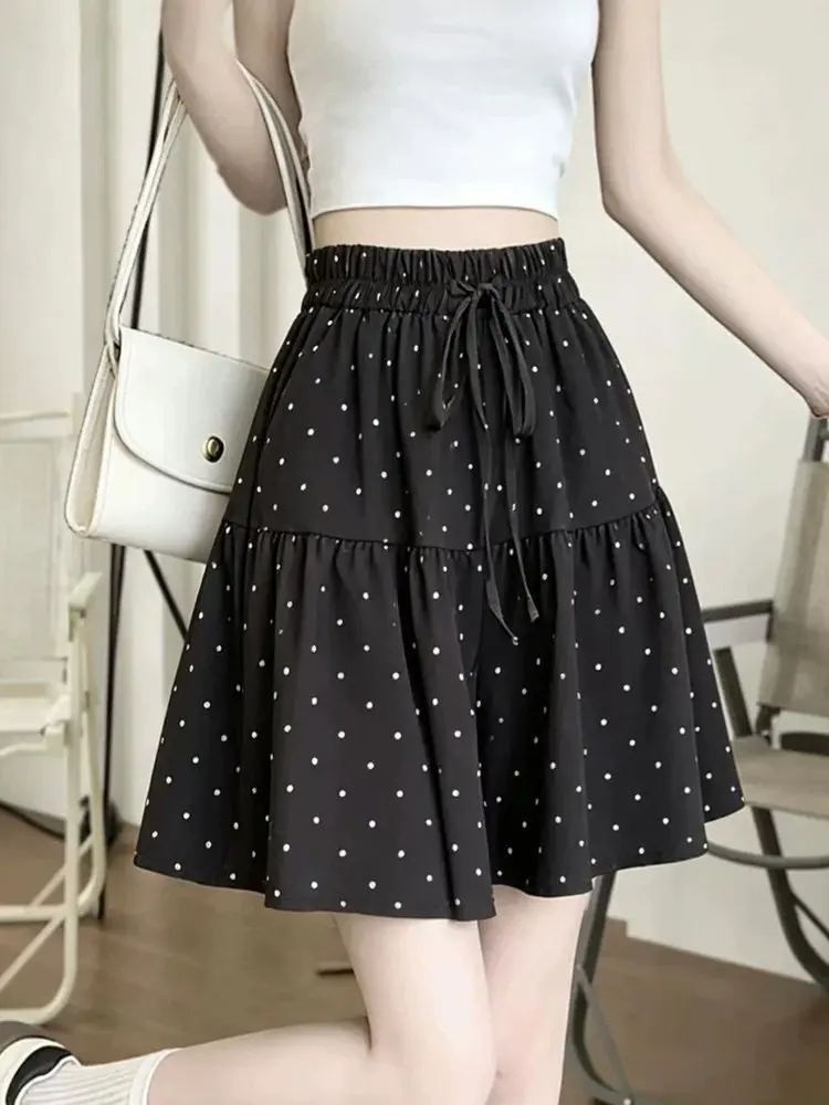 Long Shorts Black Polka Dot Bubble Hem A-Line Skort for Women Summer Lightweight Ice Silk Relaxed Casual Knee-Length Shorts