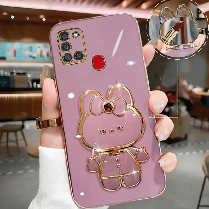 A 21S Makeup Mirror Cute Rabbit Phone Holder Case On For Samsung Galaxy A21S SamsungGalaxyA21S Girl Woman Used Back Cover