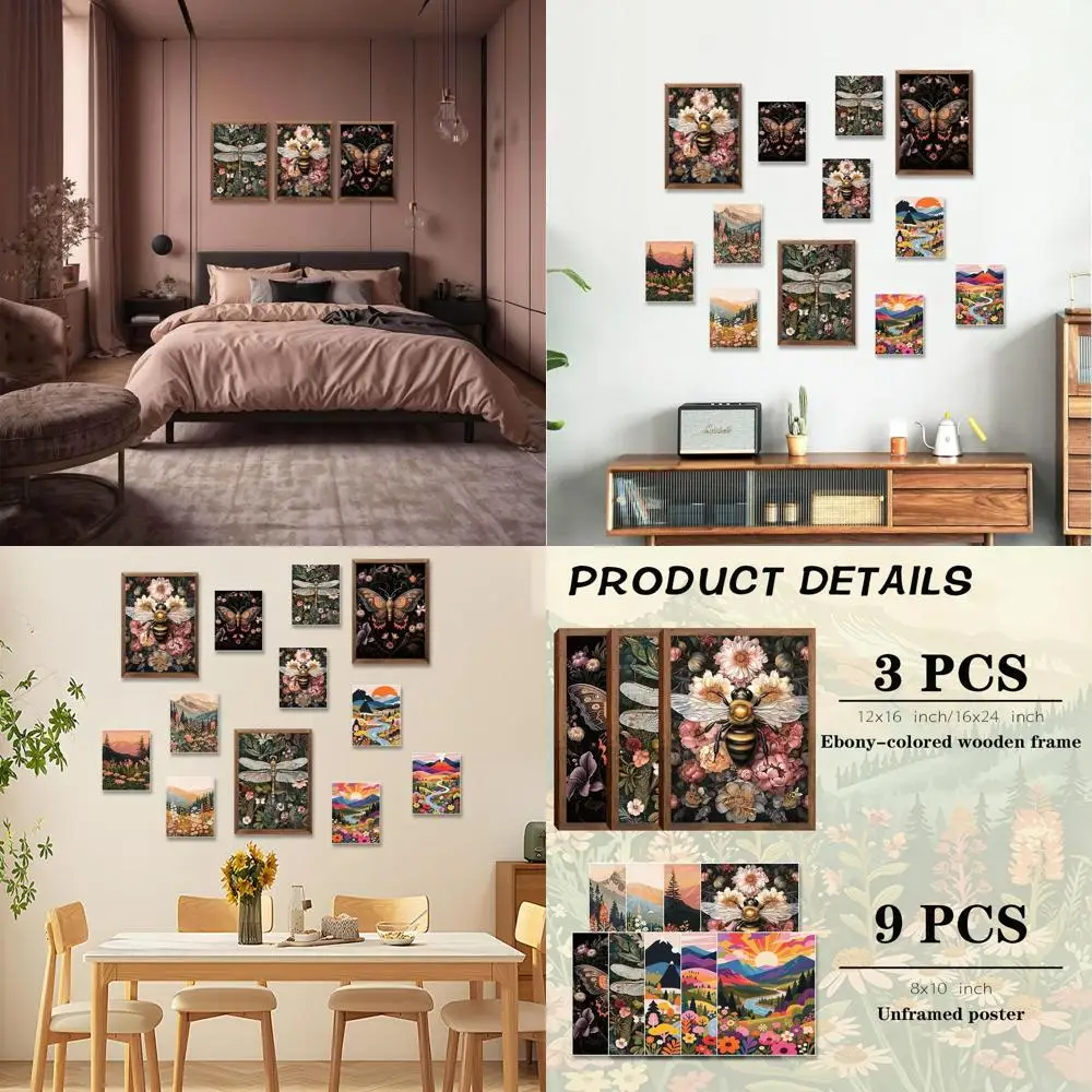 

Set of 3 24x16 Wood Framed Insect Art: Bees, Butterflies & Dragonflies with 9 Bonus 8x10 Nature Posters for Home & Office Decor