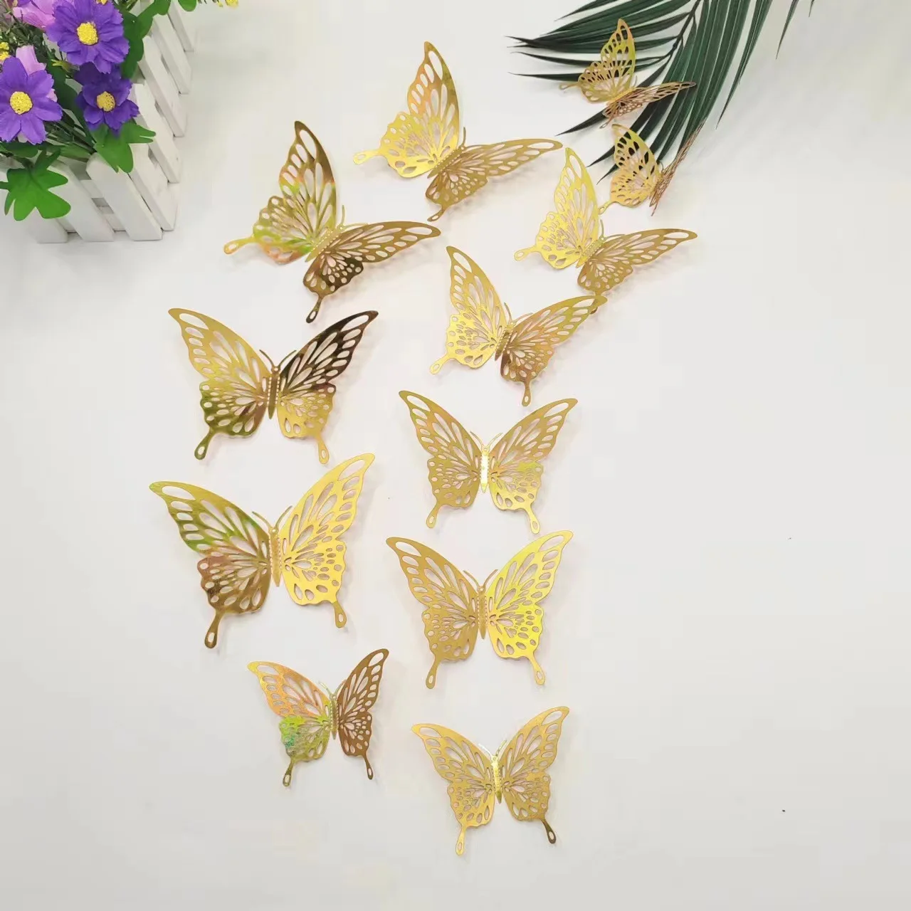 3D 할로우 레인보우 골든 실버 나비 벽 스티커, 아트 홈 장식, 파티 웨딩용 벽 데칼, 12 개/로트