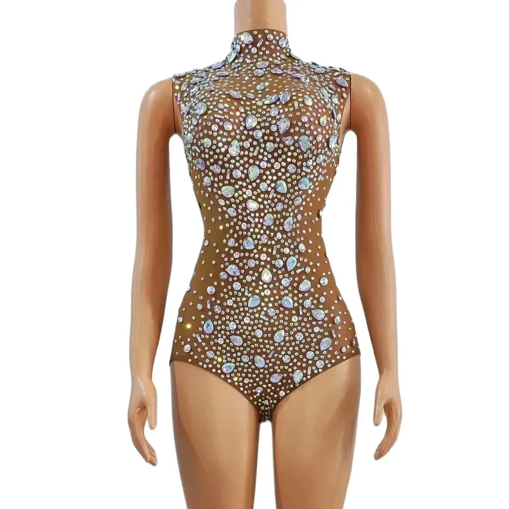 Sexy Stage Sparkly AB Crystals Bodysuit Mesh See Through Rhinestones Rompers Stage Birthday Dance Evening Photoshoot Outfit