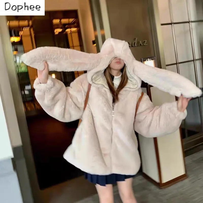 

Harajuku Wind Rabbit Ears Plush Jackets for Women New Autumn Winter Faux Fur Overcoat Cute Girls Hooded Thicken Wadded Coat