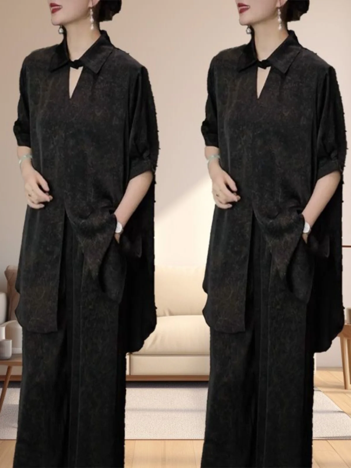 

Весенне-летний новый стиль, свободная рубашка для похудения с короткими рукавами, широкие брюки, модный черный комплект из двух предметов