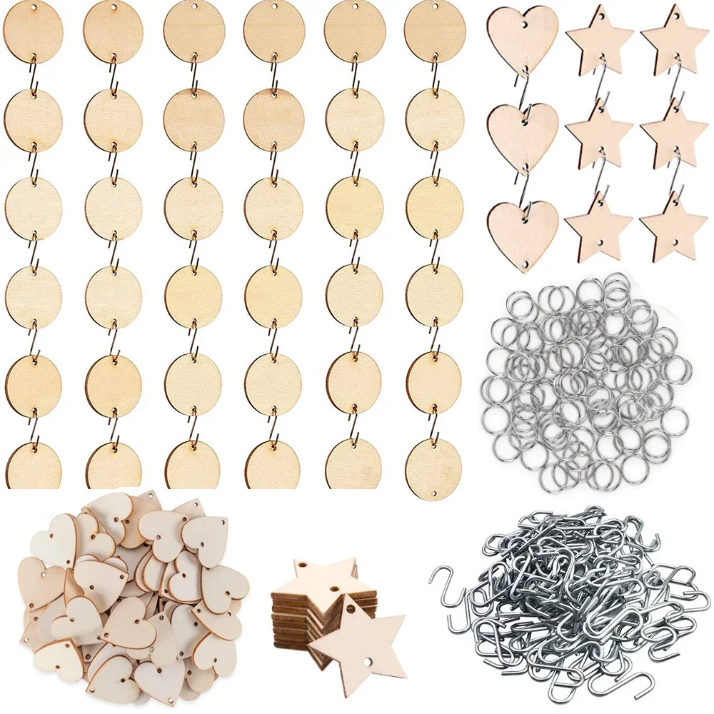 30pcs Wooden Star Circles Heart Tags with Holes S Hook Connectors Christmas Wooden Ornaments for Birthday Board DIY Crafts Decor