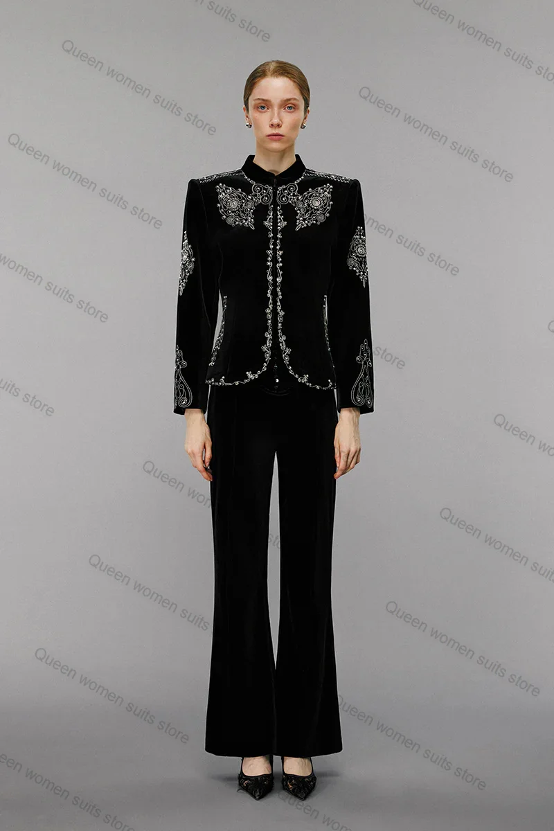 

Velvet Black Women Suit Set for Wedding 2 Piece Blazer+Pants Crystals Jacket Formal Lady Cotton Coat Prom Dress Custom Made