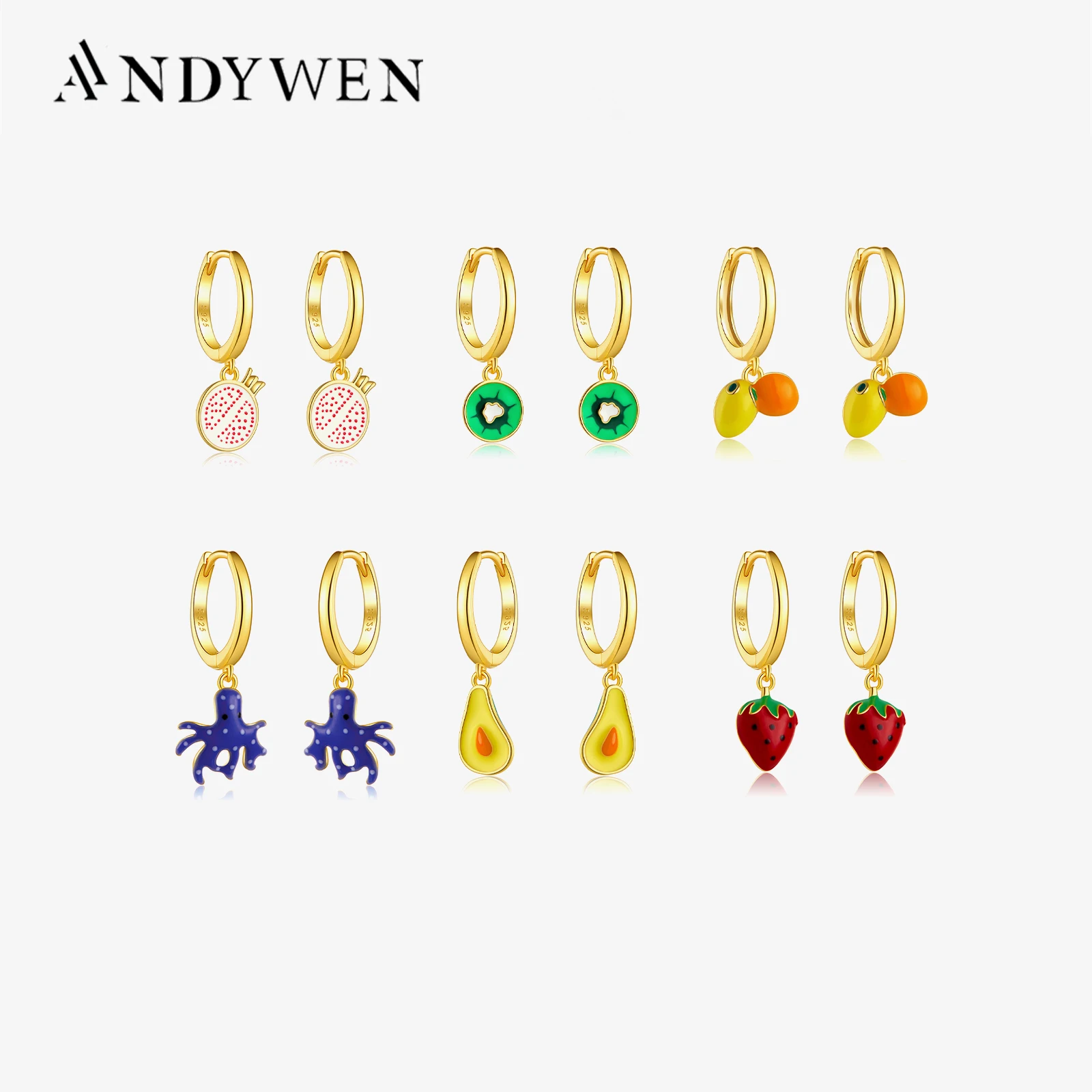 ANDYWEN-Pendientes de plata esterlina 2021 925, aretes de frutas doradas, Aros, Naranja y Limon, círculo Rojo, Cereza, regalo de joyería