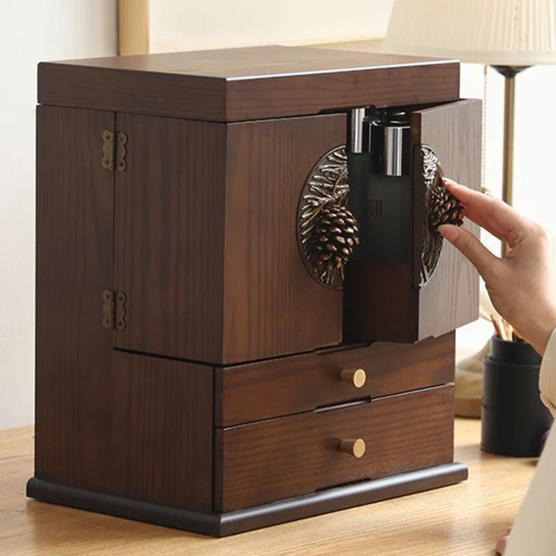 Luxury Jewelry Box Wooden Vintage Storage Box Bracelet Necklace Makeup Dust-proof Organizer Case Jewelry Cabinet with Mirror