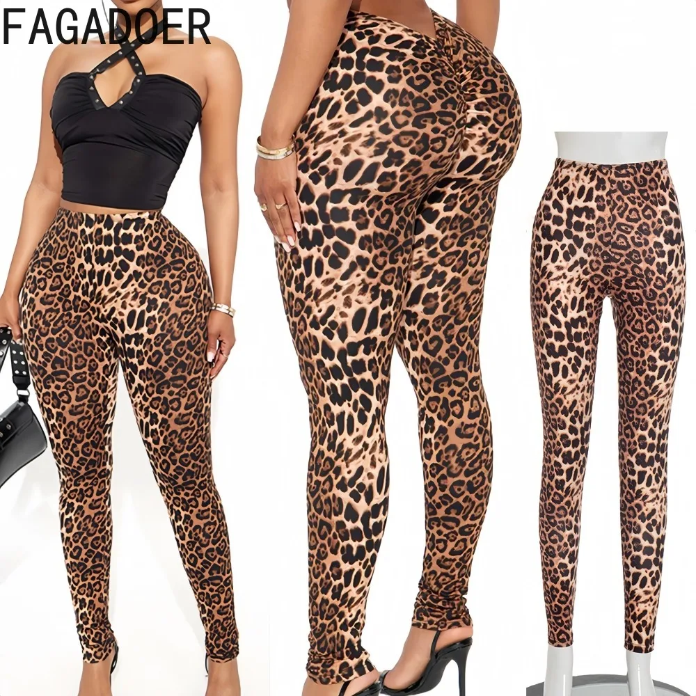 

FAGADOER Fashion Leopard Print Bodycon Pants for Women High-waisted Elastic Leggings Pants Female Party Clubwear Bottoms 2025