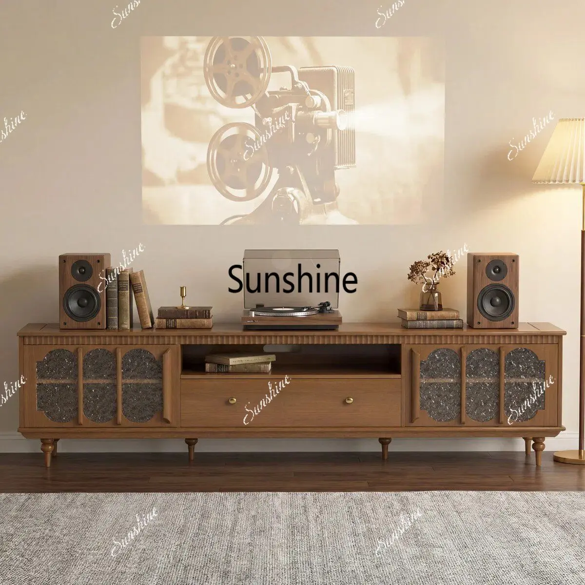 

French retro solid wood TV cabinet, floor-to-ceiling storage, small apartment against the wall for storage