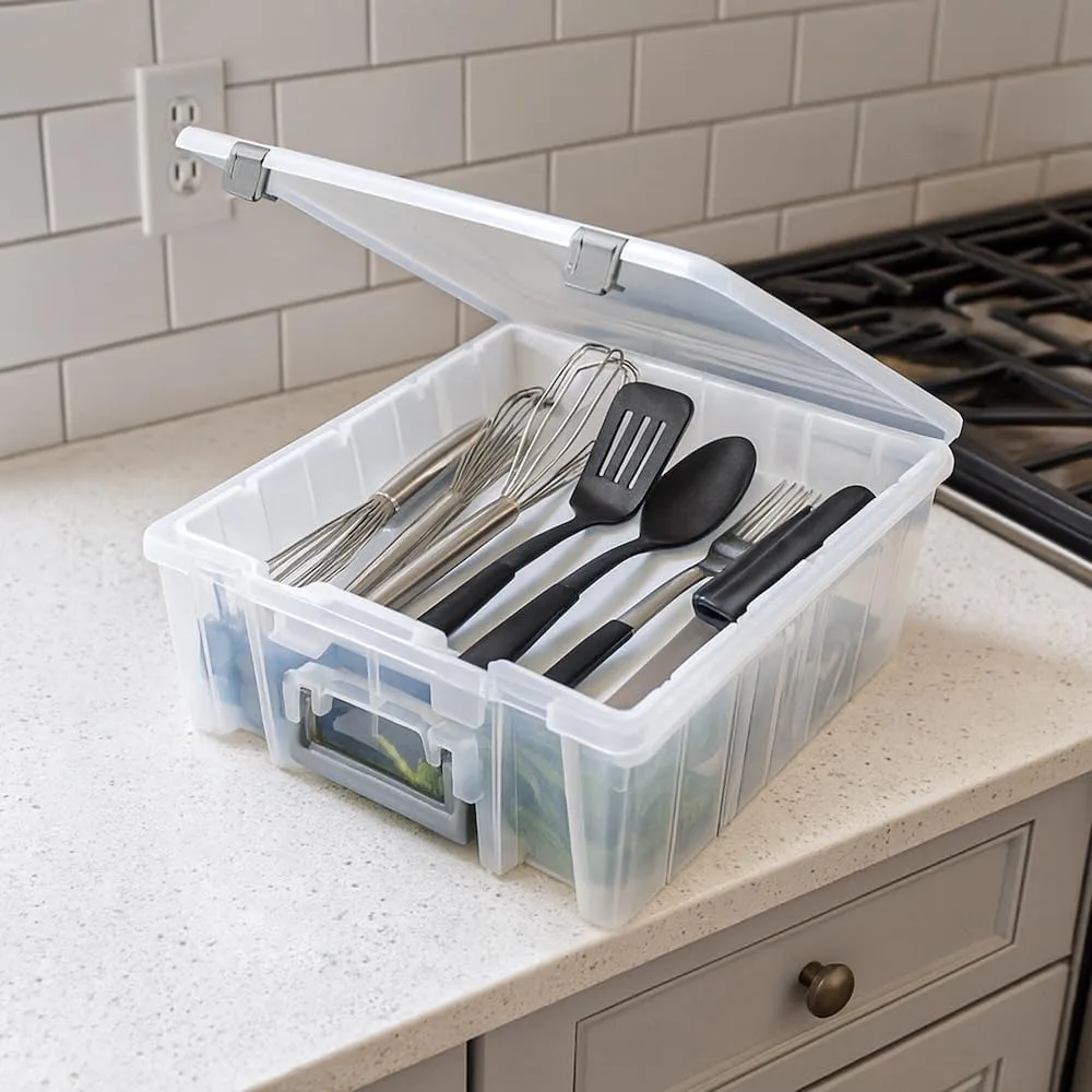 Podwójna, bardzo duża torba z wysuwaną tacką i wyjmowanymi przegródkami do organizacji przechowywania w domu.