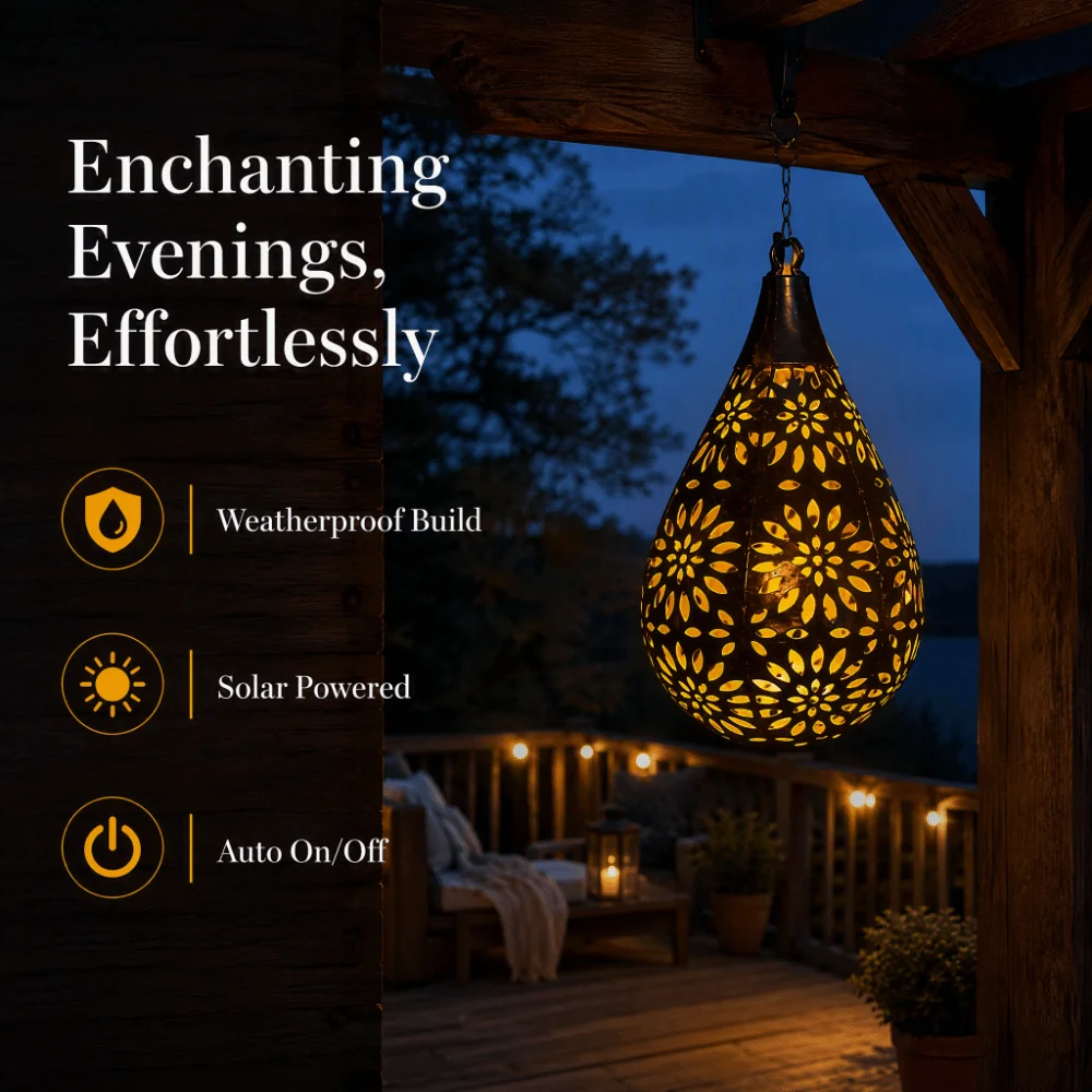Hollow Iron Solar Hanging Lanterns Copper Color Auto On Off Garden Solar Lamp Rechargeable Moroccan Style Hanging Solar Light