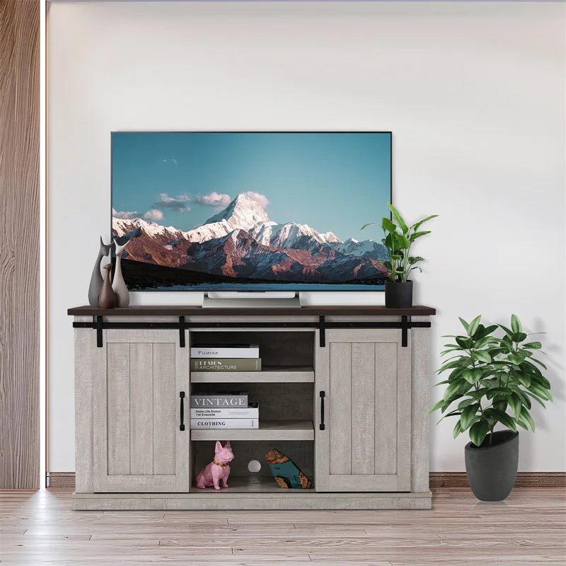 Vintage TV Stand with Two Barn Doors and Storage Cabinets for Televisions up to 65 Inch, Entertainment Center Console Table