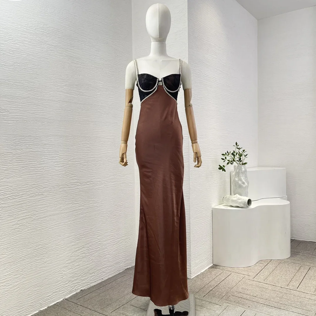 

2024 New High Quality Summer Autumn Sleeveless Smooth Gloss Spaghetti Women Fitted Maxi Party Luxury Trumpet Dress