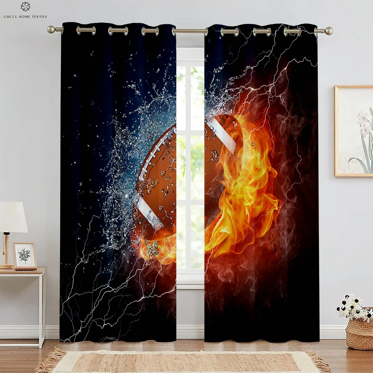 

Sports Water Fire Rugby 3D Stereo Printing Curtains Bedroom Living Room Children's Room Decorative Curtains 2 Pieces