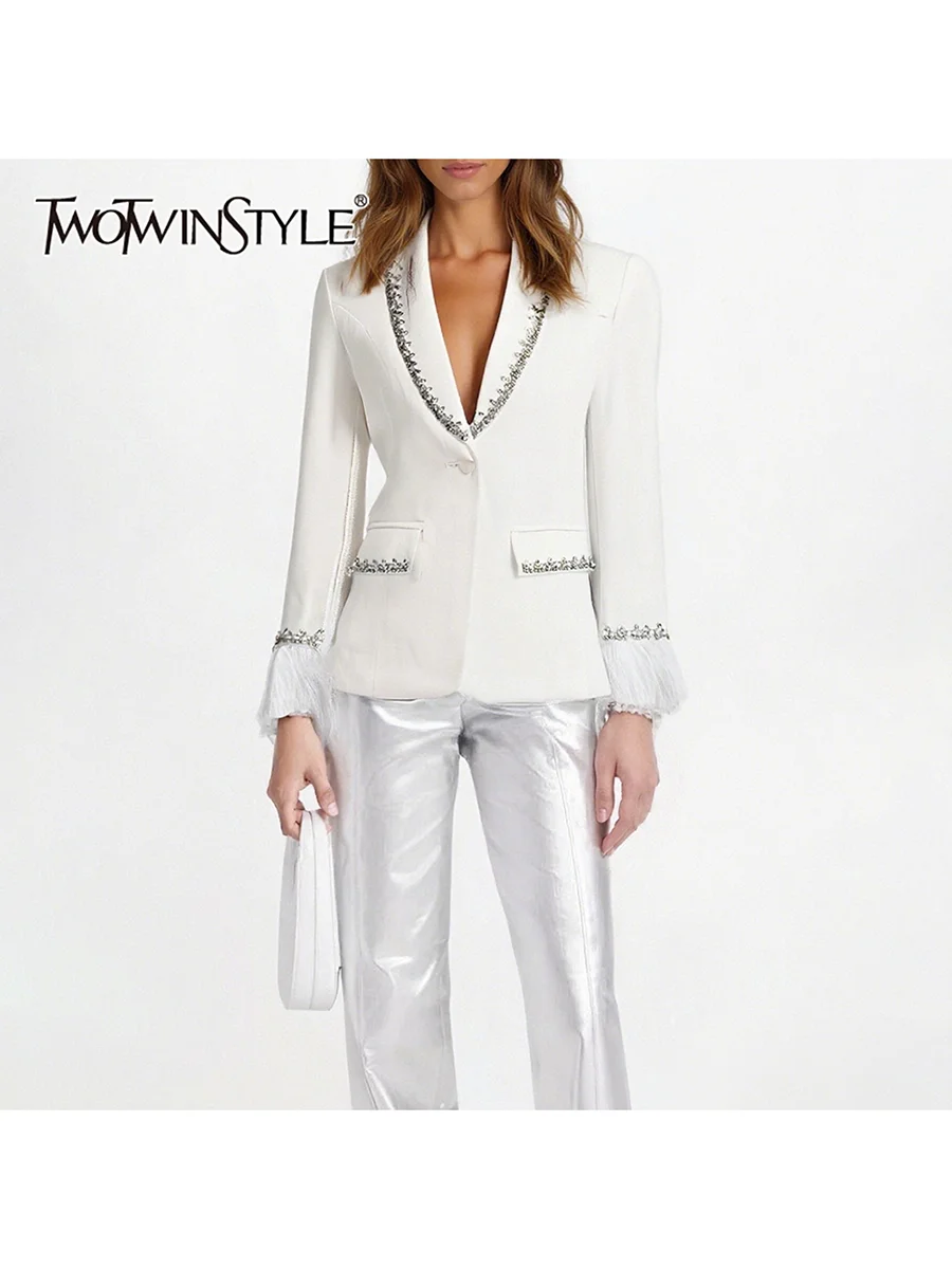 

TWOTWINSTYLE однотонные роскошные блейзеры из бисера для женщин с лацканами и длинными рукавами в стиле пэчворк с перьями модный блейзер женская одежда