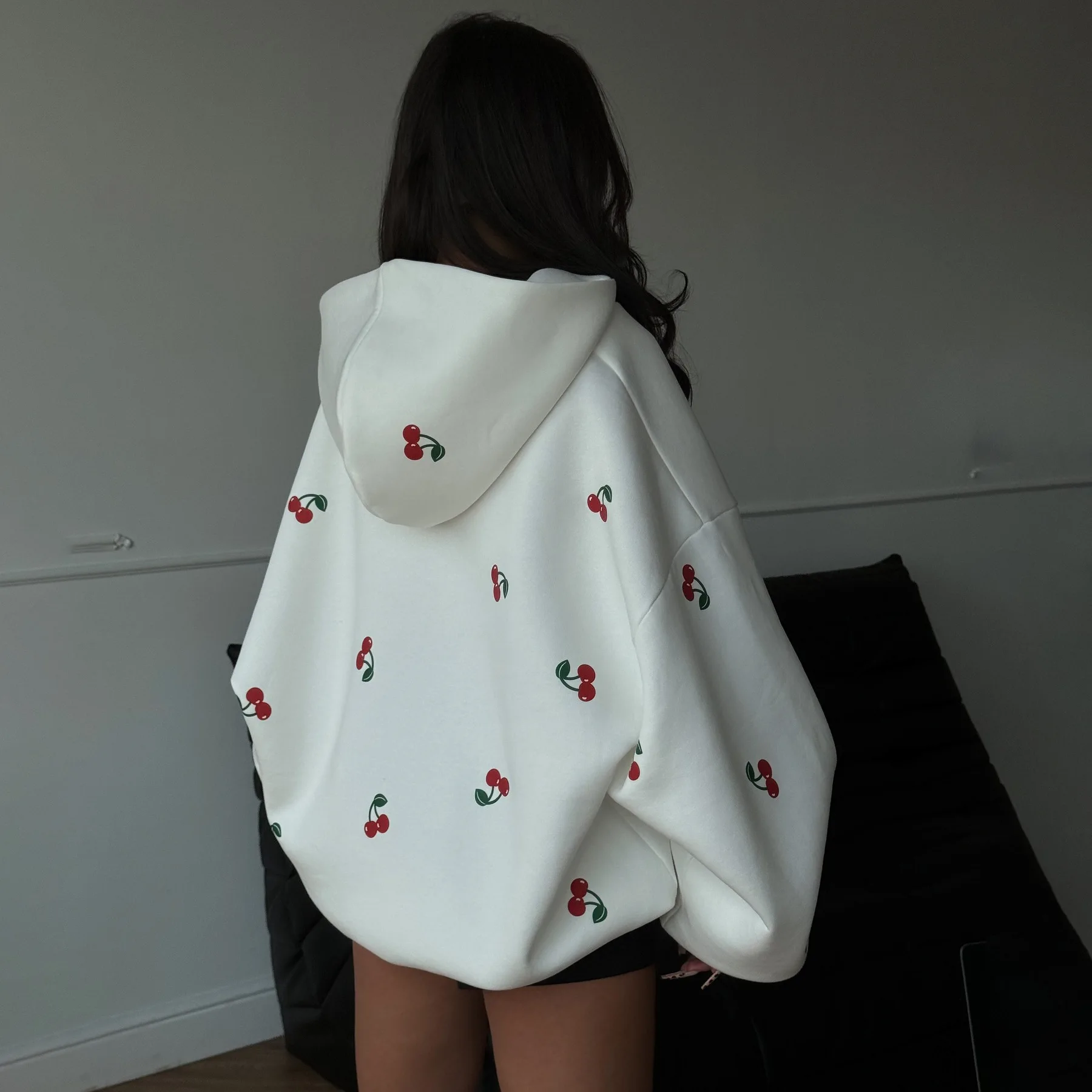 2024 Cherry Print Hooded Zipper Sweater Jacket Autumn New Street Style Fashion Trend Versatile Coat Hoodie Women