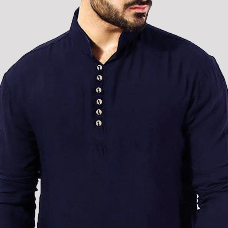 Men Muslim Robes Casual Cotton Long Sleeve Stand Solid Color Tops Arabic Islamic Clothes Pakistani Shirt Plus Size 5XL Kaftan