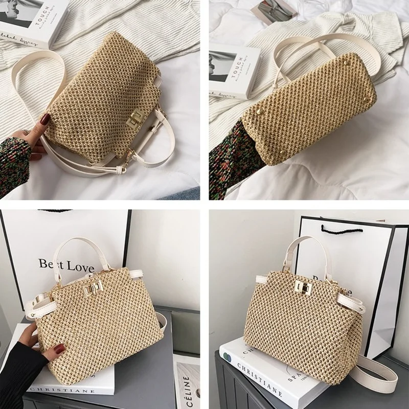 Stylish Knitted Straw Crossbody Bag For Women Woven Design Shoulder Handbag Female Summer Braid Beach Bag Travel Tote 2023 Trend